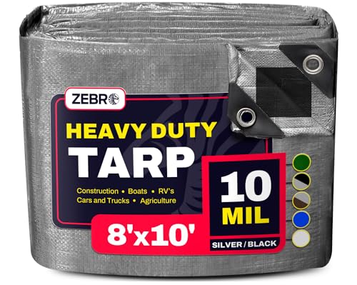 8' x 10' Silver/Black Heavy Duty Tarp with Grommets Reinforced - 10 Mil Thick - Double Sided Plastic Waterproof Tarps - Large Tarpaulin Cover for Outdoor Camping Tent Tarp RV Roof Rain - Zebro - color: Silver/Black, size: 8' X 10'
