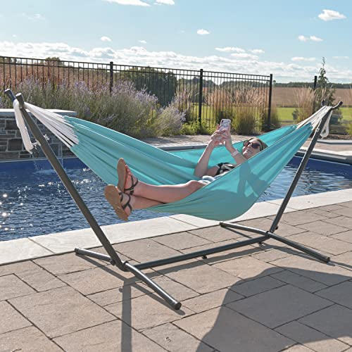 Vivere Double Sunbrella Hammock, Weather-Ready Outdoor Lounger with Space-Saving Steel Stand and Carry Bag, 450 Lb Capacity, 9 Foot, Aruba - color: Aruba