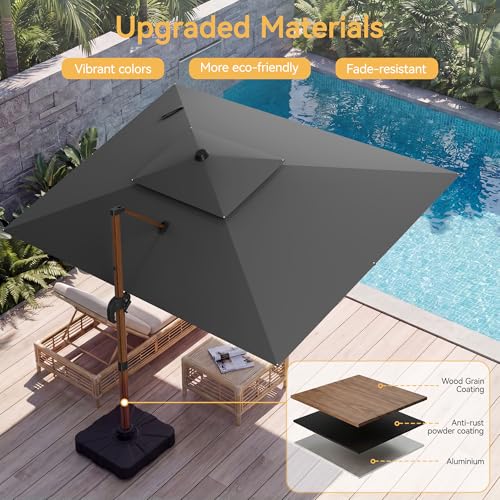 10x13 FT Wood Pattern Patio Umbrella with Base, Large Deluxe Cantilever Rectangular Double Top Heavy Duty Offset Umbrellas with 360° Rotation, Outdoor shade for Garden Pool Patio, Grey - color: Gray, size: 10x13 FT Wood with Base