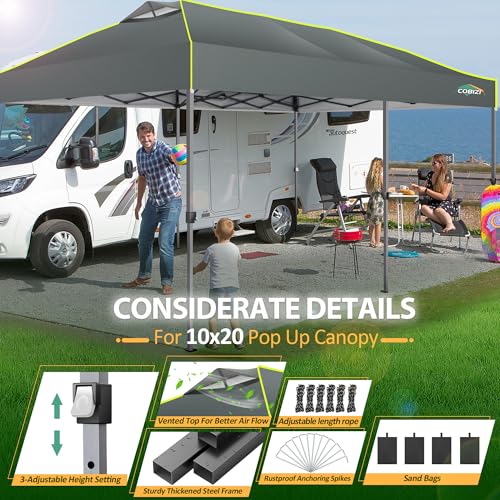 COBIZI 10x20 Pop Up Canopy Tent Ez Up Commercial Outdoor Canopy Wedding Party Tents with Center Lock Instant Folding Shelter with Reflective Strip, Air Vent & 4 Sandbags, (10'X20') Grey - color: Grey(1-year warranty), size: 10x20ft with No Sidewalls