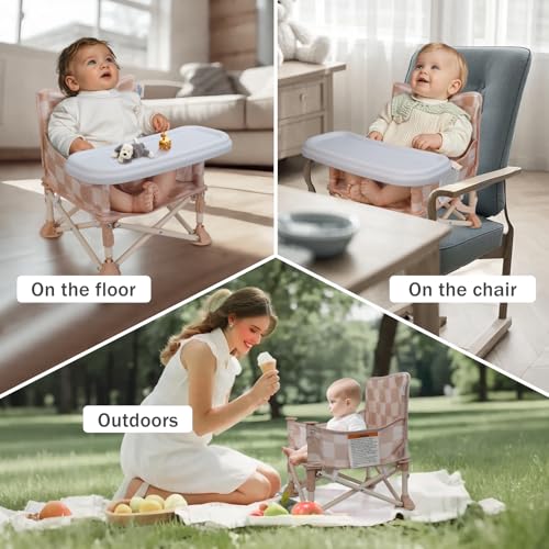Tiny Marvels 3-in-1 Portable Baby Chair, Foldable Booster Seat with Removable Tray, Safety Harness & Carry Bag for Dining, Travel, Camping, Beach, 6M-3Y (Sand Checker) - color: Sand Checker