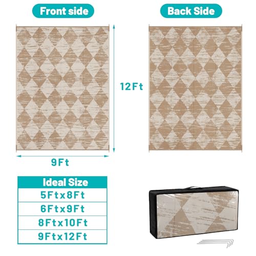 HEBE Checkered Outdoor Rug Waterproof 9x12, Reversible Plastic Straw Rug RV Camping Rug, Indoor Outdoor Patio Mat Clearance, Outside Carpet for Porch, Deck, Camper, Balcony, Backyard, Picnic - color: Light Beige, size: 9' x 12' (Rectangular)