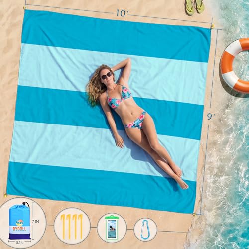 BYDOLL Beach Blanket 10'X9' Waterproof Sandproof Suits1-8 Adults Oversized Lightweight Large Blanket Picnic Mat for Beach Sand Free Travel Camping Hiking Picnic - color: Cyan Mix, size: 10'X9'