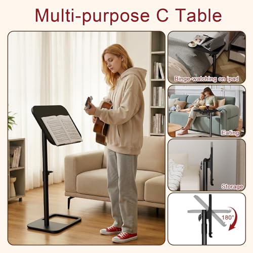 GOYLSER TV Tray Table Adjustable Height, Flip-Top, Snack Side Table with 360° Swivel and 180° Tilt, C Shaped End Table for Couch, Sofa, Dinner Eating and Recliner (Black) - color: Black, style: Tilt C Table