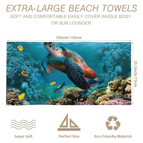 Beach Towel,Undersea World Turtle and Colorful Corals Lightweight Compact Sand Free Quick Dry Oversized Pool Swimming Towels for Girls Women Adults,29.5"×59" - color: Undersea World Turtle and Colorful Corals