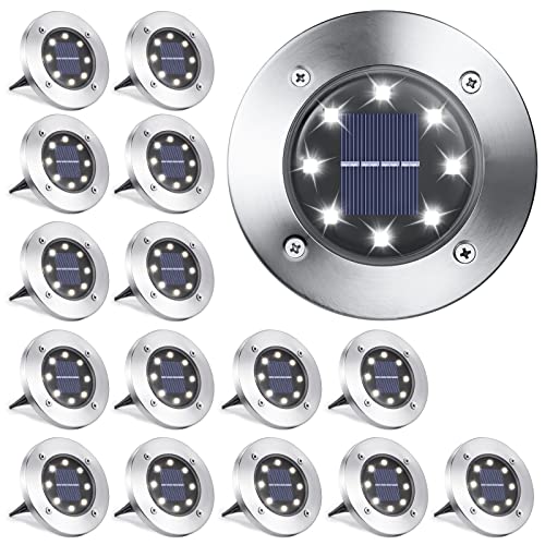 LYHOPE Solar Ground Lights Outdoor, 16 Pack 8 LED Solar Disk Lights Waterproof Garden In-ground Pathway Light Landscape Lighting for Lawn,Yard,Deck,Patio,Walkway (White) - color: White, size: 16 Pack
