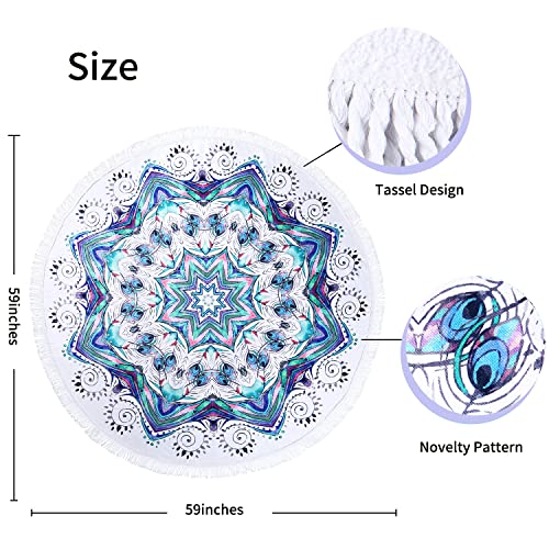 Benefeet Sox Beach Towel Large Round Mandala Pool Towels Tassels Microfiber Quick Dry Beach Blanket Throw Bohemian Roundie Swim Pool Circle Towel, 59 Inches - color: Mandala, Blue White