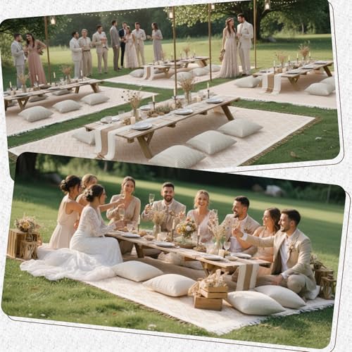 Beeveer Extra Large Outdoor Boho Picnic Blanket 150'' X 71'' Beige White Table Runner 6 Throw Pillow Cover Woven Cotton Yarn Oversize Beach Blanket Washable for Picnic Camp Wedding - color: Beige White, size: Fit 10-12 People 150'' X 71''