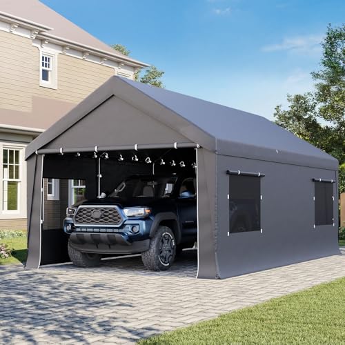Bezseller 10x20 FT Heavy Duty Carport Canopy with Removable Sidewalls, Portable Garage Tent with Roll-Up Windows & Doors, Car Port with All-Season Tarp for Cars, Boats, Trucks, Gray - color: Gray, size: 10 X 20
