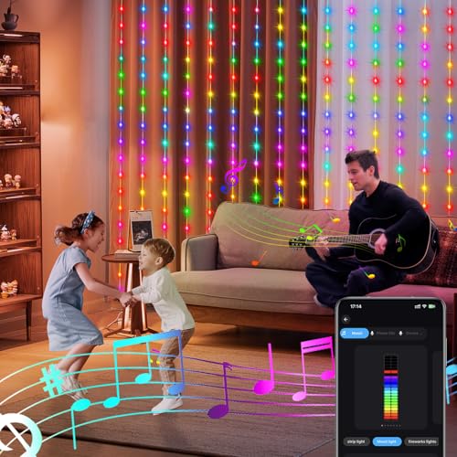 echosari Smart Curtain Lights 6.6 x 9.8Ft 16 Million Colors Changing 300 LED Fairy Curtain Lights DIY Functions with Remote APP Hanging Light for Patio Bedroom Decor - color: Smart RGB, size: 9.8Ft x 9.8Ft