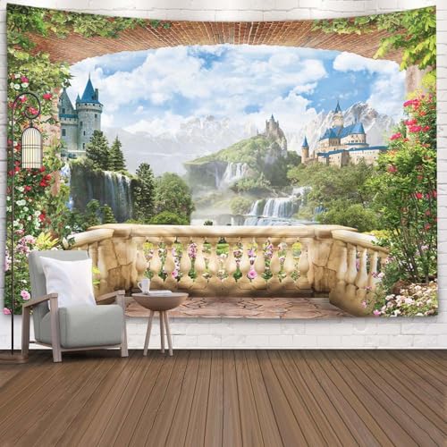 EMMTEEY Waterfall Tapestry - Colorful View from Balcony of Waterfalls With Castles - Dorm Wall Art 80X60 - Present for Families - color: Balcony Scenic, size: 80"L x 60"W