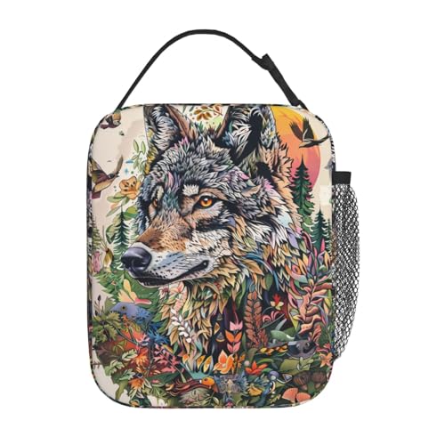 Reusable Cool Wolf Lunch Box for Kids Girls Boys Women Adult, Insulated Artistic Forest Lunch Bag,Polyester Cooler Animal Handbags Case for School Picnic Work Travel Beach or Hiking - color: Wolf 03