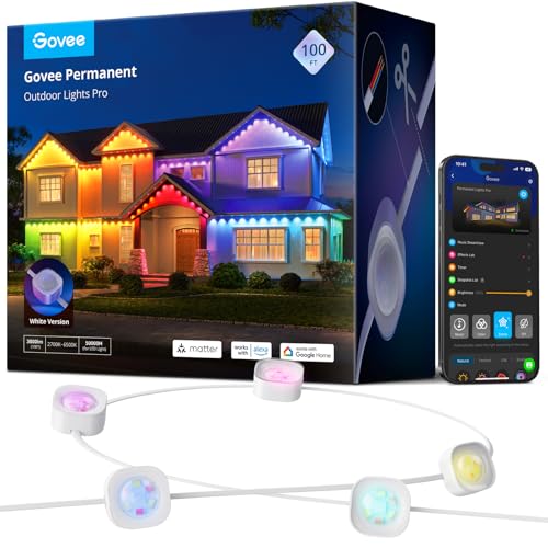 Govee Permanent Outdoor Lights Pro, 100ft with 60 RGBIC LED Lights for Daily and Accent Lighting, 75 Scene Modes for Outdoor Decor, IP67 Waterproof, Works with Alexa, Google Assistant, Matter, White - color: White, size: 100ft