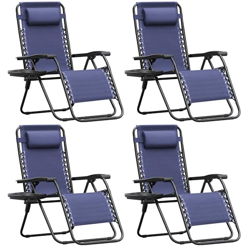 Homall Zero Gravity Chair Patio Folding Lawn Outdoor Lounge Gravity Camp Reclining Lounge Chair with Cup Holder Pillows for Poolside Backyard and Beach Set of 4 (Blue) - color: Blue, size: 4 PCS
