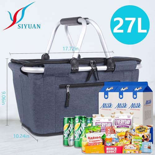 Picnic Basket, SIYUAN Collapsible Shopping Basket with Lid 27L Large Market Basket with Handles Reusable Folding Grocery Basket Insulated Cooler Bag for Picnic Travel, Blue - color: Blue