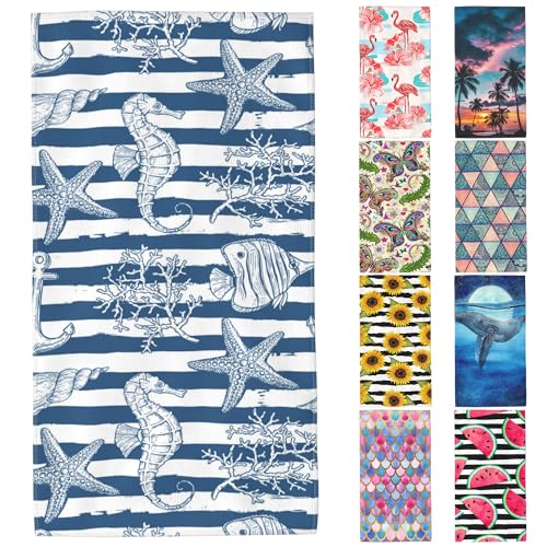 Starfish Microfiber Beach Towels,Underwater Starfish Seahorse with Coral on Stripes Oversized Absorbent Bath Towels,Soft Quick Dry Thin Camping Towel for Adults Women Men,29.5"×59" - color: Underwater Starfish Seahorse With Coral on Stripes
