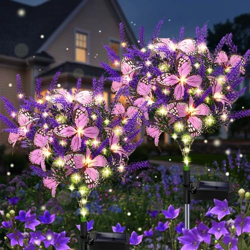 Kohlrabi Solar Garden Lights Outdoor, 2 Pack Solar Butterfly Lights Purple Lavender Gardening Gifts for Women, Artificial Flower with Butterfly Purple Garden Decor for Lawn Patio-Warm White - color: Warm White, size: 2 Pack