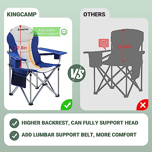 KingCamp Oversized Camping Folding Chair with Lumbar Support, Heavy Duty Ergonomic Padded Arm Chair with Cooler Bag, Cup Holder, Portable for Outdoor - color: Navy/Grey