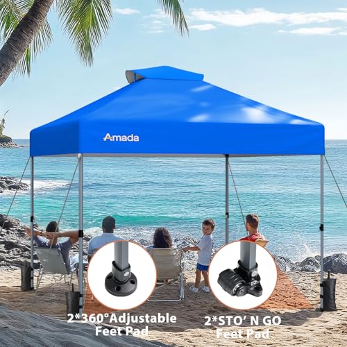 Amada 10x10 Pop Up Canopy Tent, 1-Button Push Easy-up Outdoor Canopy Beach Tent with 3-Height Adjustable Waterproof Shade Shelter, Wheeled STO-N-Go Bag 8 Stakes, 4 SandBags (Blue) - color: Blue, size: 10x10ft