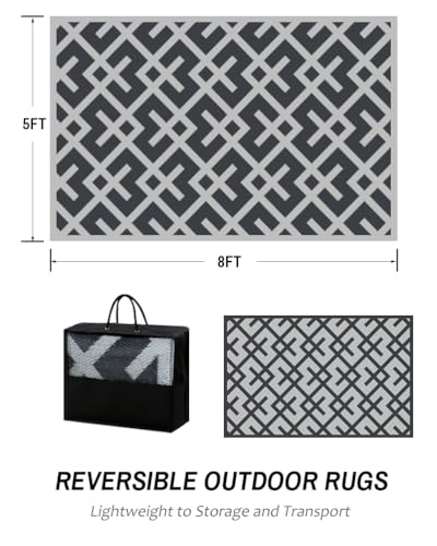 LILIOFFIC Outdoor Rug for Patio Clearance, 5'x8' Waterproof Plastic Patio Mat, Reversible Camping Rugs, Rv, Porch, Deck, Camper, Balcony, Backyard, Gray - color: 01/Grey, size: 5' x 8' (Rectangular)