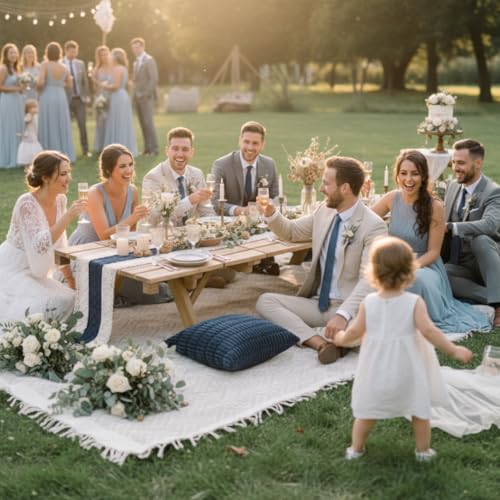 Beeveer Extra Large Outdoor Boho Picnic Blanket 91'' x 71'' Blue Table Runner 6 Throw Pillow Cover Woven Cotton Yarn Oversize Beach Blanket Washable for Picnic Camp Wedding - color: Blue, size: Fit 4-6 People 91'' X 71''