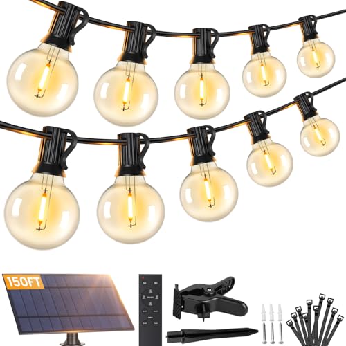 Brightever 150FT Solar String Lights Outdoor Waterproof, G40 Solar Lights with Remote and 55+2 LED Shatterproof Globe Bulbs, Dimmable&3 Lighting Modes, Solar Power Patio Lights for Backyard, Garden - size: 150FT