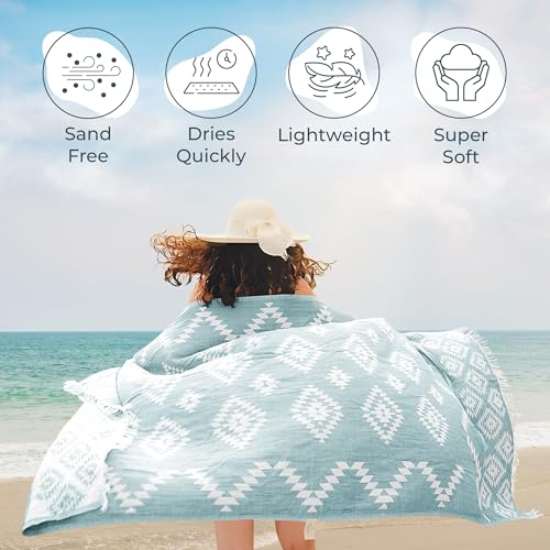 Turkish Beach Towel (35”x67”) – 100% Cotton, Quick Dry, Lightweight, Oversized Beach Towel for Pool & Travel - Pastel Teal Color - color: Vintage Teal