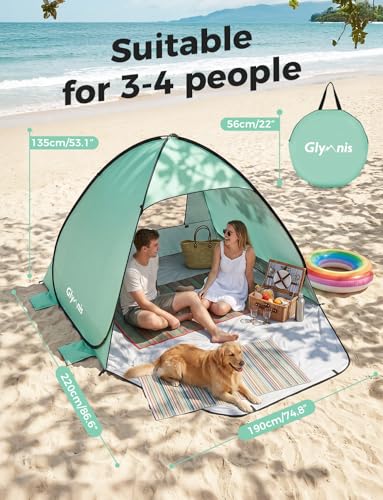 Glymnis Pop Up Beach Tent Beach Shade Tent for 1-4 Persons Sun Shelter UPF 50+ Enclose Zipper Door Portable Easy Up Beach Tent - style: Green for 3-4 Person