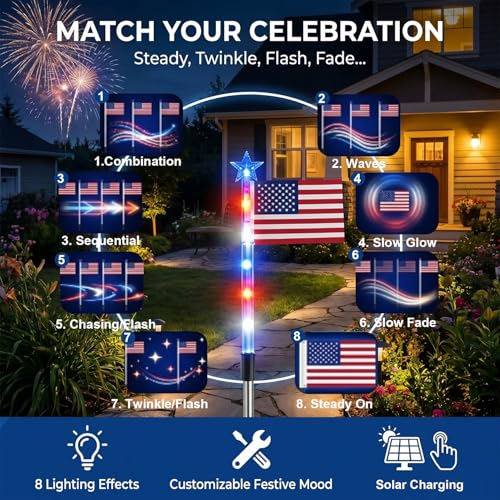 8 Piece Solar American Flag Pathway Stake Light Set, Patriotic Red White Blue Waterproof LED Outdoor Yard Garden Stake with 8 Lighting Modes for 250th Anniversary, 4th of July Decoration (A 3pcs) - color: A 3pcs