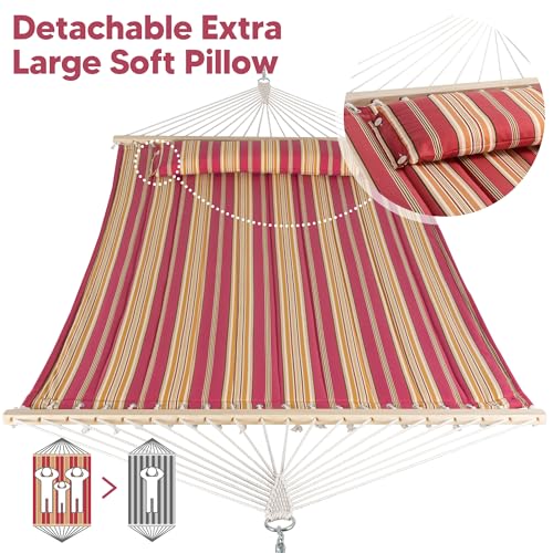SUNCREAT Double Hammock Quilted Fabric Swing with Spreader Bar, Detachable Pillow, 55” x79” Large Hammock, Red Stripes - color: Red Stripes