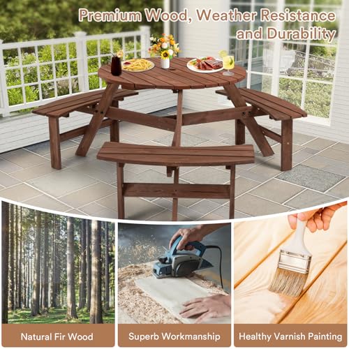 Zevemomo 6 Person Wood Picnic Table, Round Tabletop with Umbrella Hole, 3 Built-in Curved Benches, 1720LBS Total Capacity for Patios, Backyard, Brown - color: Brown, style: 6-Person