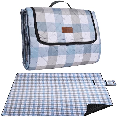 Extra Large Picnic Blanket 80''x 60'' Waterproof Foldable Picnic Mat for Beach, 5-Layer Outdoor Blanket for 6 to 8 Adults,Camping Grass Lawn Park Accessories Couple Park Wedding Registry(Blue Gray) - color: Blue-gray, size: 5' x 6'8" (Square)