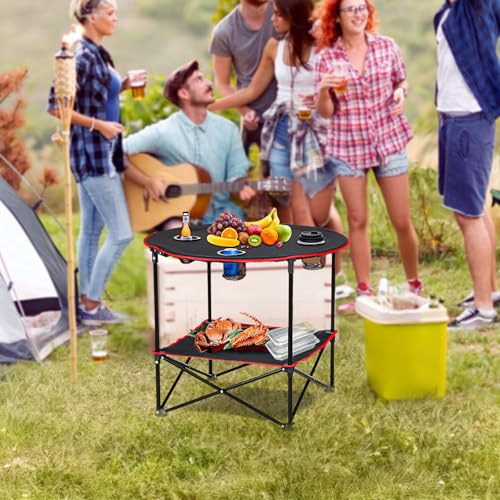 HomGarden 28" Portable Folding Picnic Table Outdoor Camp Table Round 2-Tier with 4 Cup Holders,Portable Tables Folding for BBQ Fishing Beach Table for Party Black