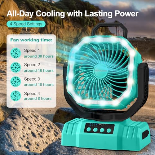 Odoland Portable Camping Fan with LED Lantern, 20000mAh Rechargeable Battery Powered Fan with Auto Oscillation, Timer, Remote, 360° Rotation Hook, 4 Speeds for Power Outage Travel Home, Cayan - color: Cayan