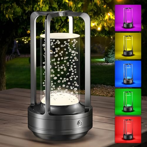 Portable Table Lamp for Outdoor Indoor: Cordless Rechargeable Desk Lamp with 10 Colors - Shower Lamp with Stepless Dimmable - Metal Battery Operated Lantern Light for Bedroom/Bar/Coffee Shop/Camping - color: Black Bubble+RGB