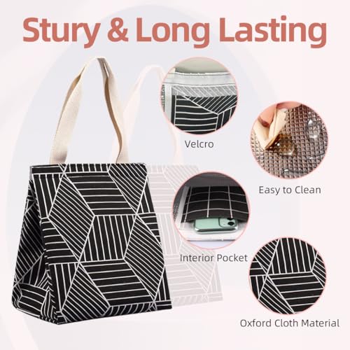 iknoe Insulated Lunch Bag for Women & Adults, 9L Foldable Wide-Open Cooler Bag with Pockets, Leakproof & Portable, for Picnic, Office, Beach, Black Rhombus - color: Black Rhombus, size: Velcro Closure
