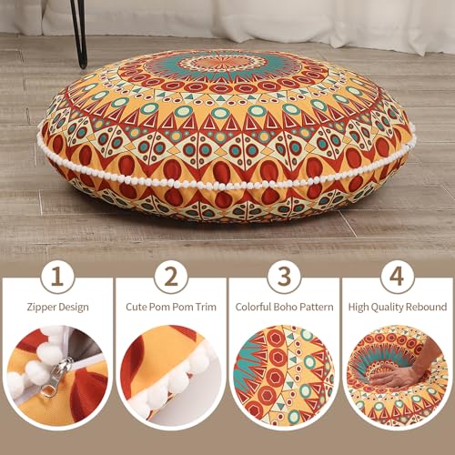LOVMOC 32 Inch Round Floor Pillow for Adults, Large Thick Memory Foam Boho Mandala Meditation Floor Seating Cushion, Machine Washable for Living Room Outdoor Yoga Floor Sitting, Orange - color: Orange, size: 1 Count (Pack of 1)
