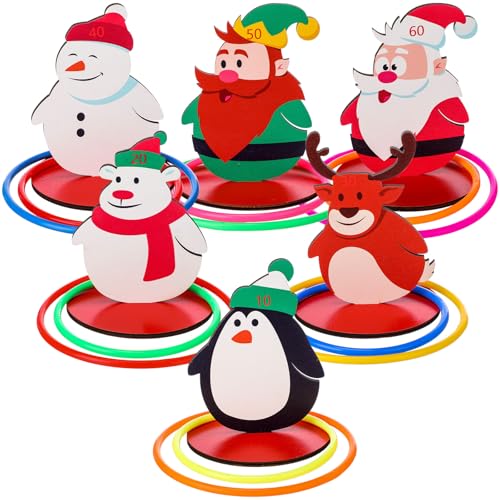 Jenaai 32 Pcs Christmas Wooden Nutcrackers Ring Toss Game, Christmas Ring Toss Game Set for Family Indoor Outdoor Play Xmas Party Supplies Decoration - style: Deer