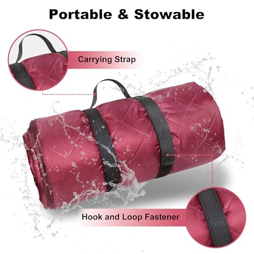 Waterproof Outdoor Blanket 82”X 55” Packable, Stadium Blankets for Camping with Quilted Fleece Lining, Large Windproof Emergency Throw Mat for Garss Picnic Hiking Road Trip, Machine Washable, Wine - color: Fleece Wine-300 Gsm, size: 82"x 55"