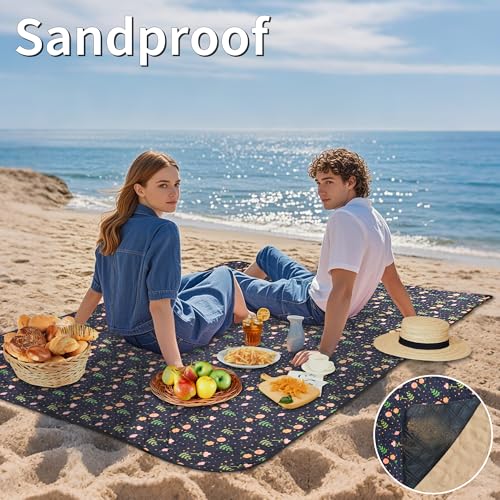 Outdoor Picnic Blanket Blue Floral 60"x80" Sandproof Beach Blanket Waterproof Picnic Blankets Foldable for Caming, Beach, Outdoor Activities. - color: Blue Floral, size: 60"x80"