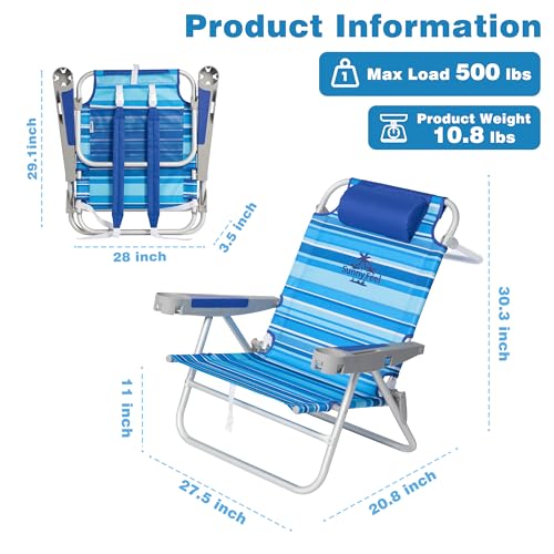 SUNNYFEEL Extra Wide 28" Low Beach Chair 2 Pack 5 Position Lay Flat, XL Oversized Portable Folding Camping Chairs with Cup Holder for Outdoor/Trip, Foldable Backpack Beach Chair for Adults - color: Lightblue Stripe, size: 2-PACK
