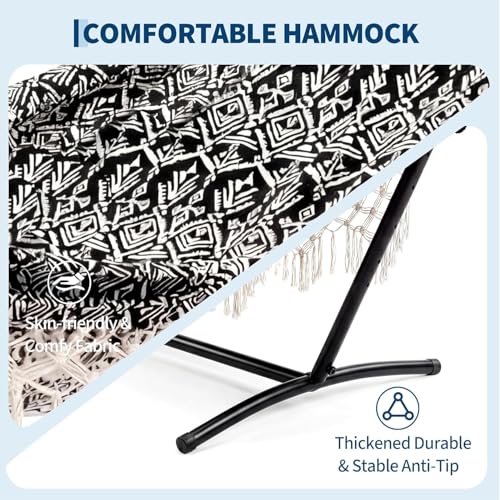 Portable Double Hammock with Stand, 450 lb Capacity Heavy Duty 2-Person Hammock Bed with Decorative Lace, Large Comfortable Outdoor Hammock for Patio, Backyard, Poolside, Easy Tool-Free Assembly