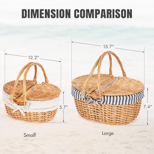 Happypicnic Wicker Picnic Basket with Handle, 15" Large Empty Picnic Basket with Lid & Removable Liner, Vintage Hand Woven Basket for Picnics, Camping, Veg Picking, Mother'S Day, Thanksgiving (Stripe) - color: Stripe, size: Large