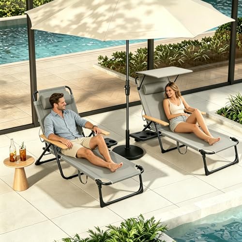 Foldable Chaise Lounge Chair Outdoor, Tanning Chair with 4-Position Reclining Back, Folding Sun Lounger, Outdoor Lounge Chair for Beach, Poolside, Backyard, Camping, UPF 50 - color: Grey3