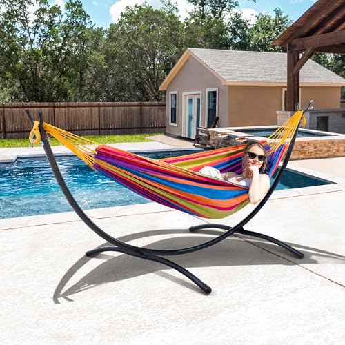 SUNCREAT Portable Large Hammock with Stand, Two Person Hammock with Stand Included, Rainbow Stripes - color: Yellow Purple