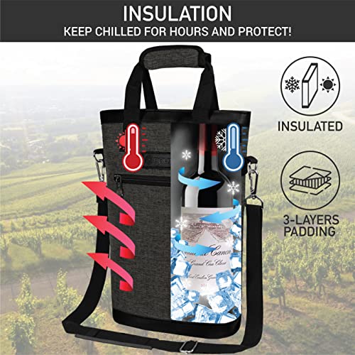 opux Two Bottle Wine Bag Carrier Tote, Insulated Leakproof 2 Bottle Wine Cooler Bag for Travel BYOB Picnic, Portable Wine Case, Gift for Men Women Wine Lover Birthday Party Christmas, Charcoal Gray - color: Charcoal Gray