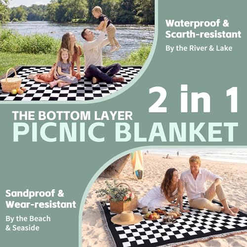 2 in 1 Extra Large Boho Beach Blanket Towel Picnic Mat Adult Men Guy Him Brother Dad Boyfriend Uncle Niece Best Friend Friendship Grandpa Grandfather Husband Son in Law Happy Birthday Cool Unique Gift - color: Checkered Black