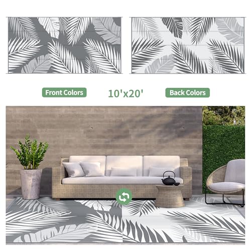 GENIMO Outdoor Rug 10' x 20' Waterproof for Patios Clearance, Reversible Outdoor Plastic Straw Camping Rug Carpet, Large Area Rugs Mats for RV, Camper, Deck, Balcony, Porch, Beach, Picnic, Grey&White - color: Grey & White | Waterproof, size: 10' x 20' (Re