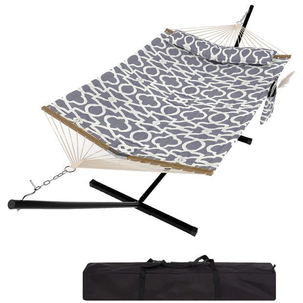 2 Person Outdoor Hammock with Stand, Person Cotton Rope Hammock with Polyester Pad, Portable Hammock with Carrying Bag, for Patio, Garden, Beach, Backyard Camping - color: Grey