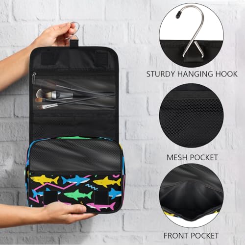 Art Colorful Shark Pattern Kids Toiletry Bag for Boys, Waterproof Travel Shaving Organizer with Hanging Hook, Portable Dopp Kit Cosmetic Bag for School Sports Camping Trips - color: Art Colorful Shark Pattern